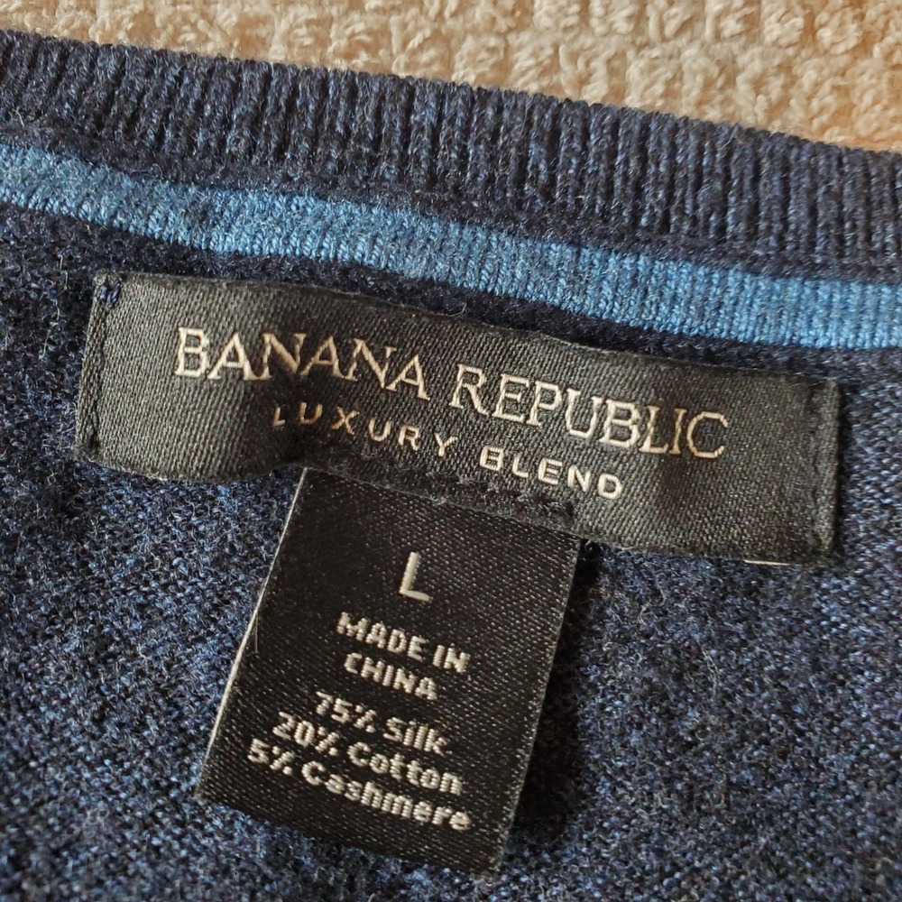 Banana Republic‎ Mens Silk Cashmere Cotton Striped Crewneck Sweater Navy Blue L - Picture 6 of 6